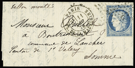 LA VILLE DE PARIS N°37 obl. étoile 3 sur lettre par
