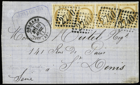 N°36a 10c bistre-brun, rare bande de 4 obl. GC 2740