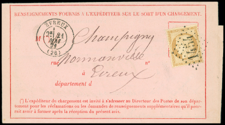 N°36 10c bistre-jaune obl. GC 1454 sur avis rose de