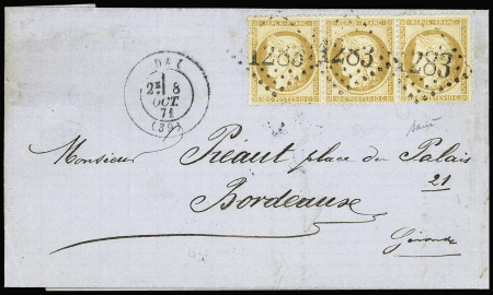 N°36 10c bistre-jaune, bande de trois obl. GC 1283