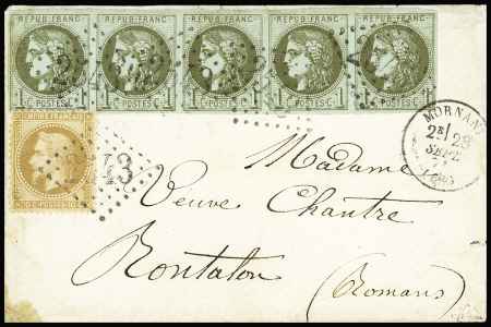 N°39C 1c  olive, bande de cinq bien margée, + n°28B