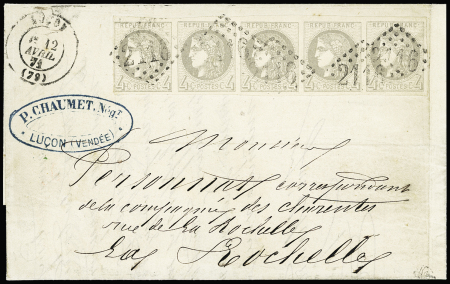 N°41B 4c gris, bande de cinq bien margée, obl. GC 2116