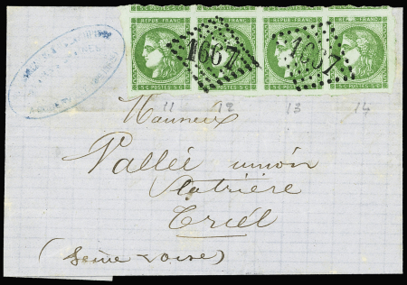 N°42B vert-jaune, bande. de 4 en qualité exceptionnelle,