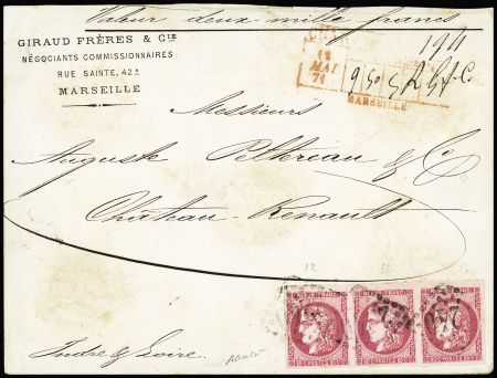 N°49 80c rose en bande de trois obl. GC sur lettre