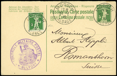 Suisse n°130 OBL CAD "Moosch Alsace" (1915) sur entier carte postale réponse 5c vert de Suisse avec cachet violet "Contrôle militaire postal Belfort".