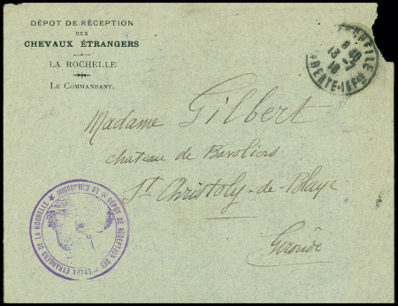 Lettre en franchise avec en-tête et cachet violet "Dépôt de réception des chevaux étrangers de La Rochelle le commandant" (1916). TB