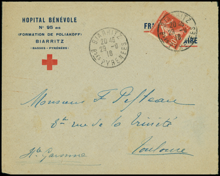 N°138 OBL Biarritz (1916) sur lettre avec en-tête "Hopital bénévole n°95bis (formation de Poliakoff Biarritz (Basses Pyrénées)" et Croix-Rouge. TB