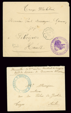 2 lettres en franchise avec cachet bleu "Armée-dépôt de chevaux blessés" (Breuvannes Haute Marne) et cachet violet avec déesse assise