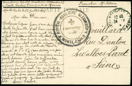 Carte postale en franchise avec cachet noir "Hopital auxiliaire Alexandra - Monte Carlo - L'administrateur délégué" (1915). TB