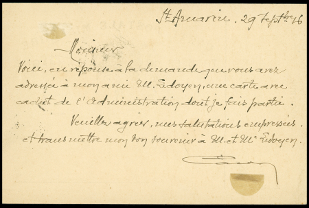 CPFM avec CAD "Moosch Alsace" (1916) + cachet violet avec déesse assise "Administration de la Fecht cercle de Thann". TB