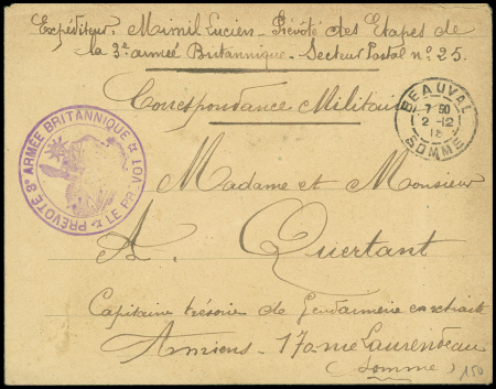 Lettre en franchise avec CAD "Beauval Somme" (1915) + cachet violet avec déesse assise "Prévôté 3e armée britannique - Le Prévôt". TB
