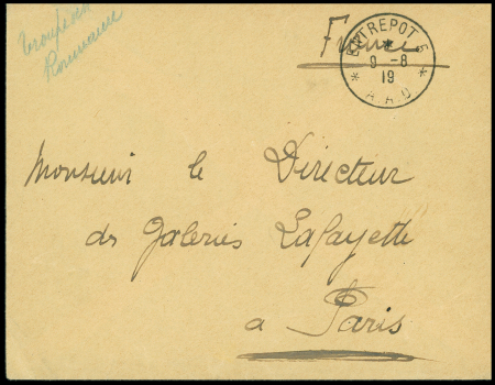 Lettre en franchise avec CAD "Entrepôt 5 AAO" (1919 - Giurgevo - Armée d'Orient). Rare et TB