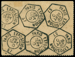 Morceau de reçu avec rare CAD hexagonal à cercle intérieur "Paris exposition 37" (28 sept 1900) frappé 6 fois. TB