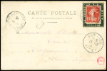 N°138 OBL Venizel Aisne (1909) sur porte-timbre noir non dentelé "Dieu protège la France" sur carte postale. TB