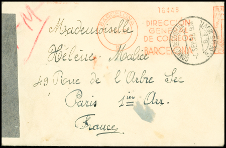 Lettre avec EMA rouge de Barcelone + CAD "Correo de Campanha BI E de CB movil" (sept 1938). TB
