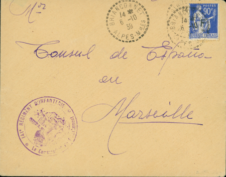 FM n°10 OBL CAD pointillé "Briançonnet Alpes Mmes" (6.10.39) sur lettre avec cachet violet à déesse assise "141e régiment d'infanterie - le commandant du détachement". TB