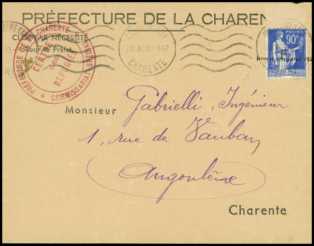 FM n°10 Angoulême Gare (1939) sur lettre avec cachet rouge "Préfecture de la Charente - centre des réfugiés - commisariat spécial" répété au verso. TB