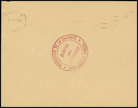 FM n°10 Angoulême Gare (1939) sur lettre avec cachet rouge "Préfecture de la Charente - centre des réfugiés - commisariat spécial" répété au verso. TB