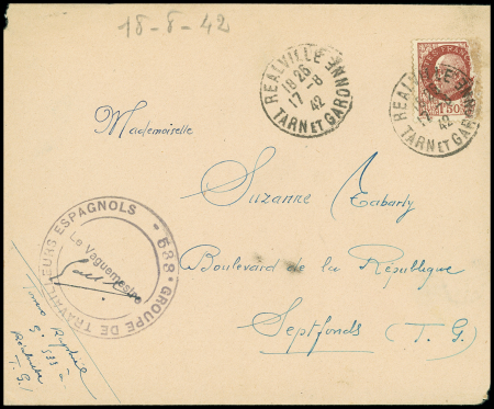 N°517 OBL Réalville Tarn et Garonne" (1942) sur lettre avec cachet noir "533e Groupe de travailleurs espagnols le vaguemestre". TB