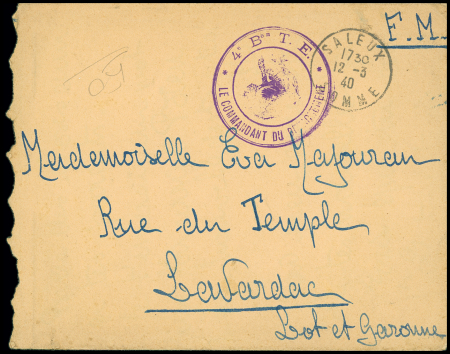 Lettre en franchise avec CAD "Saleux Somme" (1940) + cachet violet "4e Bon TE le commandement de détachement" (TE : travailleurs espagnols). TB