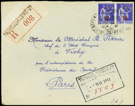 N°482 en paire OBL Rouen (1941) sur lettre recommandée d'office pour le maréchal Pétain avec rare étiquette de recommandation d'ambulant