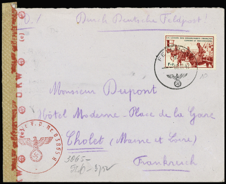 LVF n°10 OBL CAD "Feldpost" (6.11.42) sur lettre avec cachet rouge avec aigle "Dienststelle FP NR 03865A" et censure de l'OKW. TB