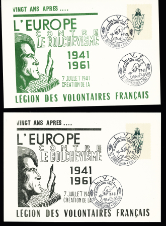 4 cartes "L'Europe contre le bolchévisme 1941-1961 legion des volontaires français" avec pseudo CAD commémoratif illustré. TB
