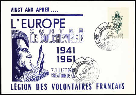 4 cartes "L'Europe contre le bolchévisme 1941-1961 legion des volontaires français" avec pseudo CAD commémoratif illustré. TB