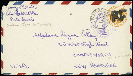 Entier postal aérogramme 6 cents orange USA avec surcharge RF type 4 de Bizerte OBL CAD "poste navale" (1.2.45) provenance croiseur léger Le Terrible.