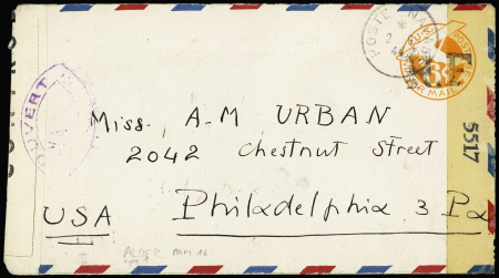 Entier postal aérogramme 6 cents orange USA avec surcharge RF type 1 d'Alger OBL CAD "poste navale" (2.9.44) censuré. Rare et TB