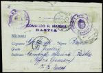 Carte-lettre FM italienne avec au verso griffe violette "Comando R. marina Bastia" + cachet avec armoiries "comando R. marina Bastia-comando" (1943).