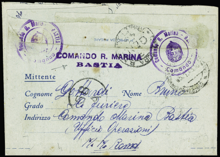 Carte-lettre FM italienne avec au verso griffe violette "Comando R. marina Bastia" + cachet avec armoiries "comando R. marina Bastia-comando" (1943).