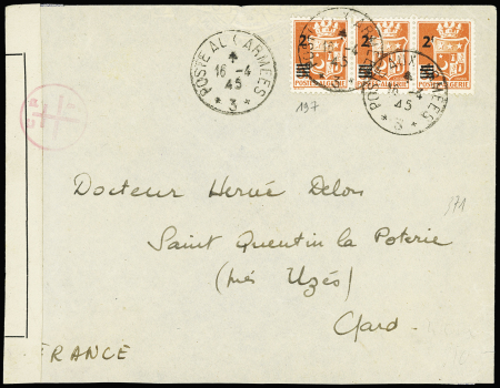 Algérie n°197 en bande de 3 OBL CAD "Poste aux armées 3" (1945-Alep) sur lettre censurée pour la France. Rare et TB