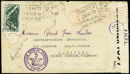 Océanie n°95 OBL Papeete Tahiti (1942) sur lettre réexpédiée en Grande Bretagne avec rare bande imprimée "Censure FNFL" et cachet violet avec ancre et ailes