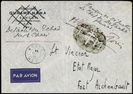 Lettre sans timbre du détachement du Tchad sur le Chari avec CAD "Bousso AEF" (19.12.40) + cachet ovale noir "FM" à croix de Lorraine et mention manuscrite