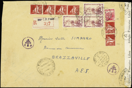 Levant n°50, 3 pièces en mixte avec Algérie n°173, 6 pièces + n°165 OBL grand CAD à pont "Poste aux armées FFL BCM1" (' janv 1944) sur lettre avec bande de censure