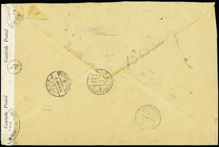 Levant n°50, 3 pièces en mixte avec Algérie n°173, 6 pièces + n°165 OBL grand CAD à pont "Poste aux armées FFL BCM1" (' janv 1944) sur lettre avec bande de censure
