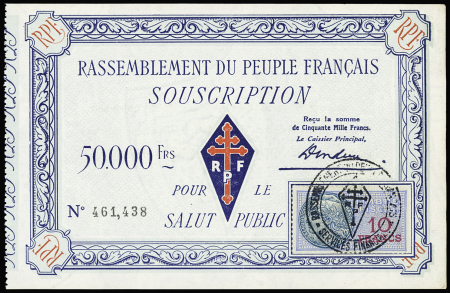 4 billets de soutien au Rassemblement du Peuple Français de 1000F, 5000F, 10000F et 50000F, chacun avec timbre fiscal. Ensemble rare et TB