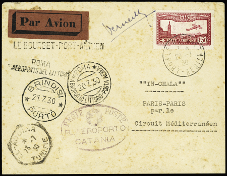 20/26.11.1930 Tour de la Méditerranée. Lettre avec cachets des escales : Rome - Brindisi - Catane - El Aouina Tunisie - Alicante et signature de De Verneilh