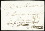 Lettre du Havre à Vannes de décembre 1766. Le destinataire étant parti à Rennes la lettre fut réexpédiée en déboursé avec la mention : "Renvoy de Vannes". TB