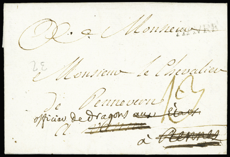 Lettre du Havre à Vannes de décembre 1766. Le destinataire étant parti à Rennes la lettre fut réexpédiée en déboursé avec la mention : "Renvoy de Vannes". TB
