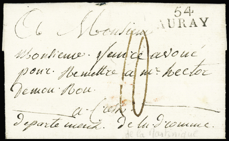 1809 : Lettre datée de St Pierre de la Martinique le 1/3/1809 durant la troisième occupation anglaise (24/2/1809 au 1/12/1814) + la marque "54/Auray"