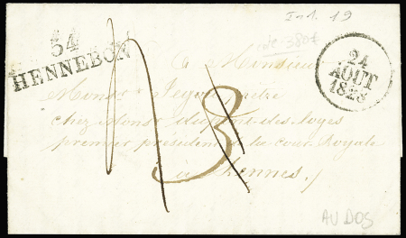 Lettre avec MP "54 Hennebon" (1828) et au verso MP "Deb 54 Vannes", ind 19. TB