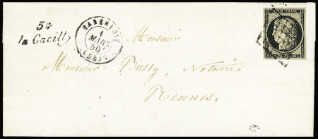 N°3 OBL grille + cursive "54 La Gacilly" + T15 "Carentoir" (1850) sur lettre, ind 22. TB