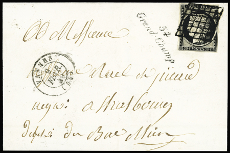 N°3 OBL grille + cursive "54 Grand Champ" + T15 Vannes (1849) sur lettre, ind 23. TB