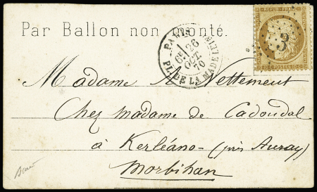 N°36 OBL étoile 3 + CAD "Paris Pl de la Madeleine" (26 oct 70) sur carte "Par ballon monté" pour Kerléano près Auray (Le Vauban). Jolie Pièce