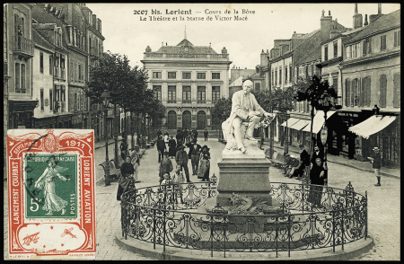 N°137 OBL sur porte timbre rouge "Lancement Courbet septembre 1911 Lorient aviation" sur carte postale de Lorient. Rare et TB