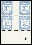 TAXE N°27/28 1f bleu et 2f rouge, 2 BLOCS de 4 interp., neuf **, TTB