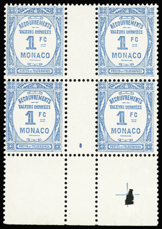 TAXE N°27/28 1f bleu et 2f rouge, 2 BLOCS de 4 interp., neuf **, TTB