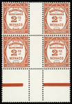 TAXE N°27/28 1f bleu et 2f rouge, 2 BLOCS de 4 interp., neuf **, TTB